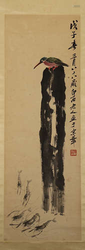 CHINESE SCROLL PAINTING OF BIRD ON ROCK