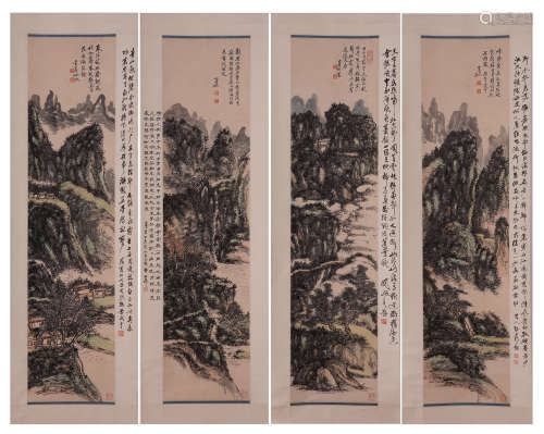 FOUR PANELS OF CHINESE SCROLL PAINTING OF MOUNTAIN VIEWS WITH CALLIGRPAHY