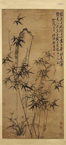 CHINESE SCROLL PAINTING OF BAMBOO AND ROCK