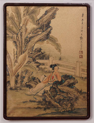 FRAMED CHINESE SCROLL PAINTING OF BEAUTY IN GARDEN