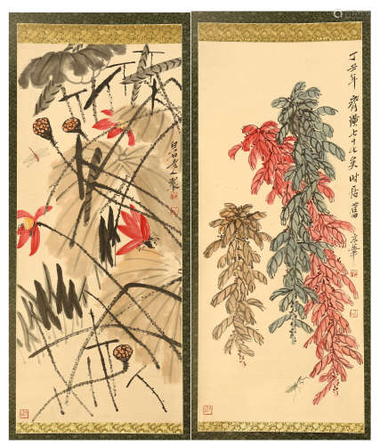 TWO PANELS OF CHINESE SCROLL PAINTING OF FLOWER