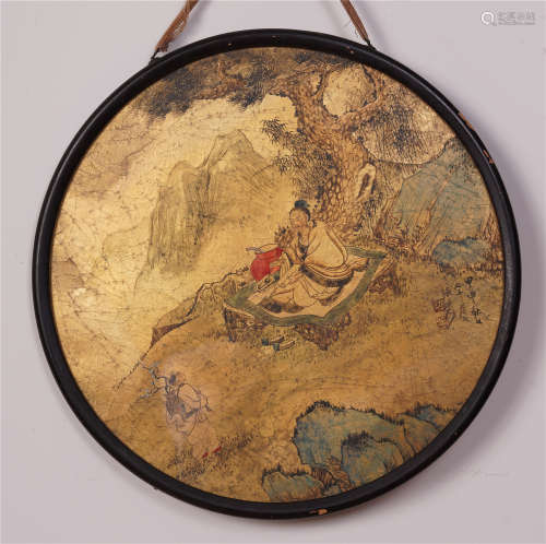 FRAMED CHINESE ROUND FAN PAINTING OF MAN UNDER PINE