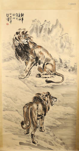 CHINESE SCROLL PAINTING OF LIONS IN MOUNTAIN
