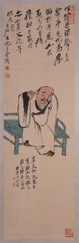 CHINESE SCROLL PAINTING OF MAN IN BED WITH CALLIGRAPHY