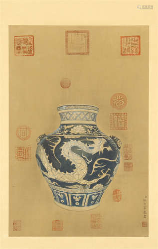 CHINESE SCROLL PAINTING OF PORCELAIN BLUE AND WHTIE DRAGON VASE