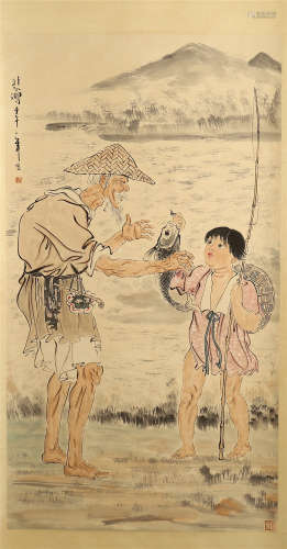 CHINESE SCROLL PAINTING OF FISH MAN AND BOY