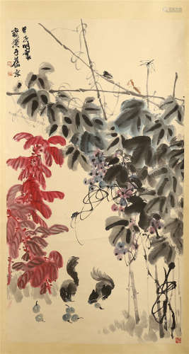 CHINESE SCROLL PAINTING OF SQUARRIL AND FLOWER