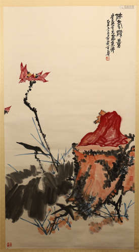 CHINESE SCROLL PAINTING OF LOHAN BY LOTUS