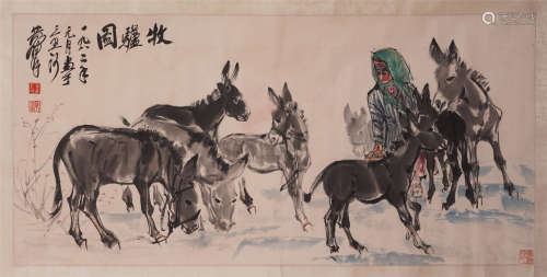 CHINESE SCROLL PAINTING OF GIRL AND DONKEY