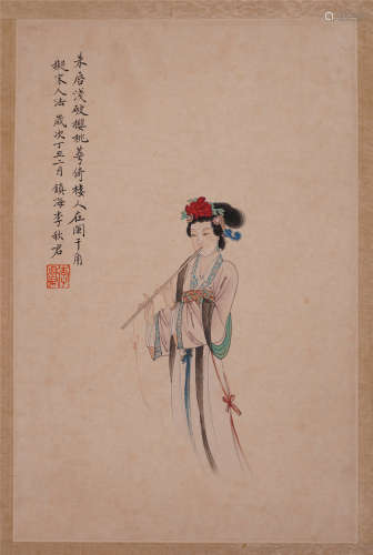CHINESE SCROLL PAINTING OF BEAUTY WITH CALLIGRAPHY
