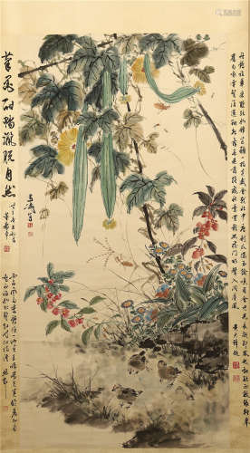 CHINESE SCROLL PAINTING OF SQUASH WITH CALLIGRAPHY