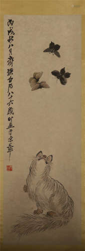 CHINESE SCROLL PAINTING OF CAT AND BUTTERFLY