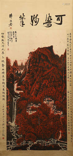 CHINESE SCROLL PAINTING OF MOUNTAIN VIEWS WITH CALLIGRAPHY