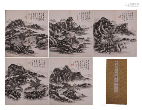 SIX PAGES OF CHINESE ALBUM PAINTING OF MOUNTAIN VIEWS WITH CALLIGRAPHY