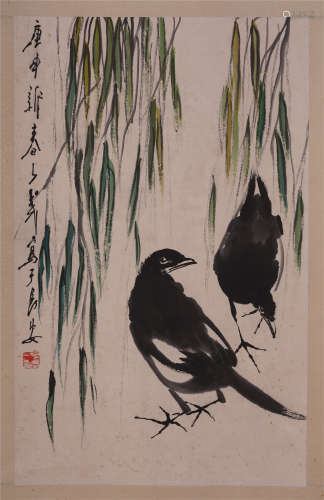 CHINESE SCROLL PAINTING OF BIRDS UNDER WILLOW