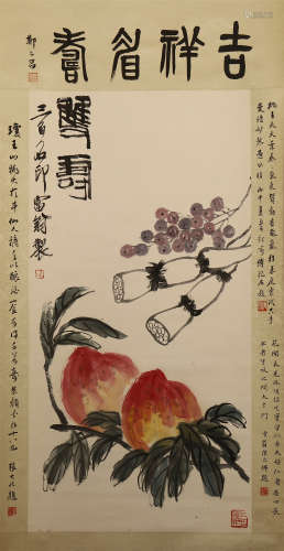 CHINESE SCROLL PAINTING OF PEACH WITH CALLIGRAPHY