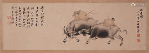 CHINESE SCROLL PAINTING OF BOY ON OX WITH CALLIGRAPHY