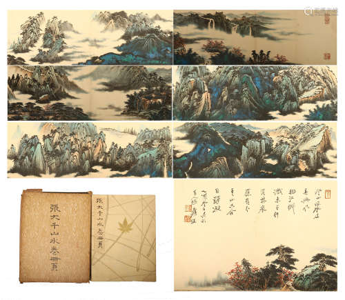 A FOLDING BOOKLET OF CHINESE ALBUM PAINTING OF MOUNTAIN VIEWS WITH CALLIGRAPHY