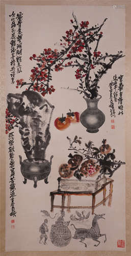 CHINESE SCROLL PAINTING OF FLOWER IN VASE WITH CALLIGRAPHY