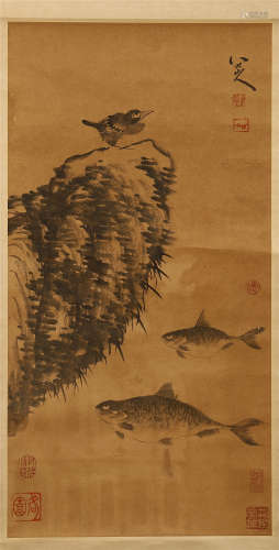 CHINESE SCROLL PAINTING OF BIRD AND FISH