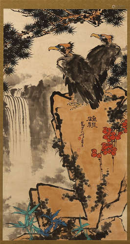 CHINESE SCROLL PAINTING OF EAGLE ON ROCK