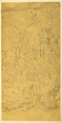 CHINESE SCROLL PAINTING OF FIGURES IN WOOD