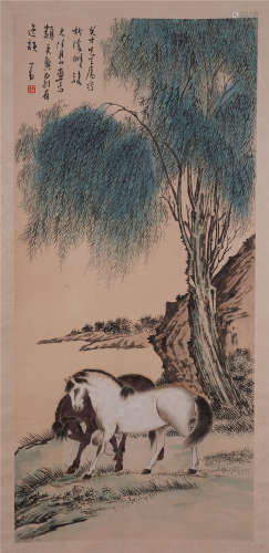 CHINESE SCROLL PAINTING OF HORSE UNDER WILLOW