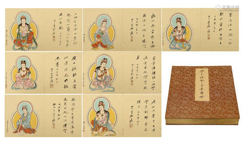 TWEENTY-THREE PAGES OF CHINESE ALBUM PAINTING OF GUANYIN WITH CALLIGRAPHY