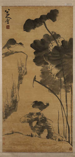 CHINESE SCROLL PAINTING OF BIRD AND LOTUS