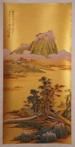 CHINESE SCROLL PAINTING OF MOUNTAIN VIEWS ON GOLD PAPER