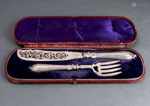 English Silver Engraved Fish Fork & Knife Set, 2