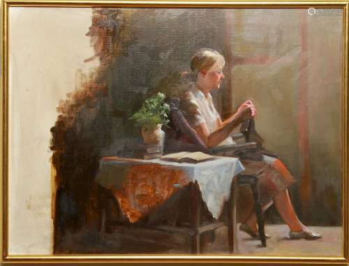 Enid C. Osborne Woman Knitting Oil on Canvas