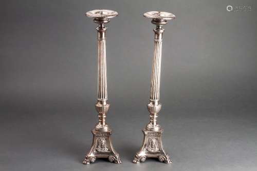 Silver-Plate Ecclesiastical Candlesticks, Pair