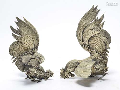 Silver-Plate Fighting Roosters Sculptures, Pair