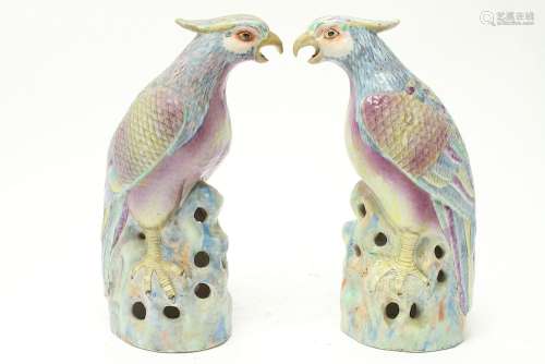 Chinese Polychrome Porcelain Bird Sculptures Pr