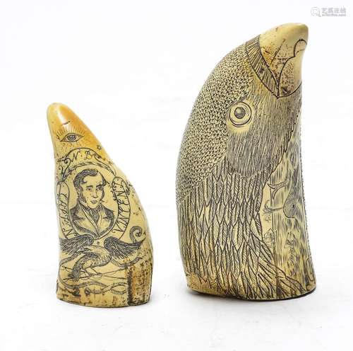 Faux Scrimshaw Ship & Bird Motif Group of 2