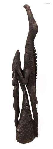 African Crocodile w Figure Carved Wood Sculpture