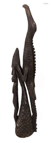 African Crocodile w Figure Carved Wood Sculpture