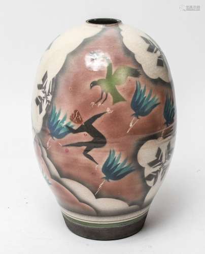 Modern Figural Motif Ovoid Glazed Pottery Vase