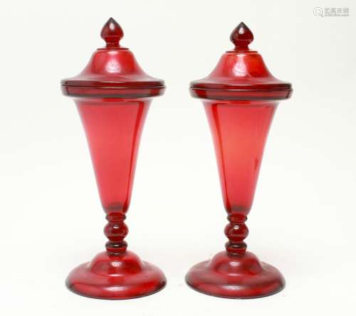 Red Colored Molded Glass Covered Mantel Urns Pair