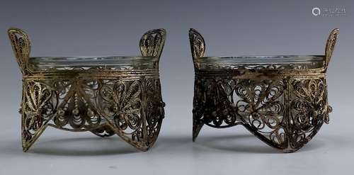 Pair Antique Sterling Silver Filigree Salt Cellars