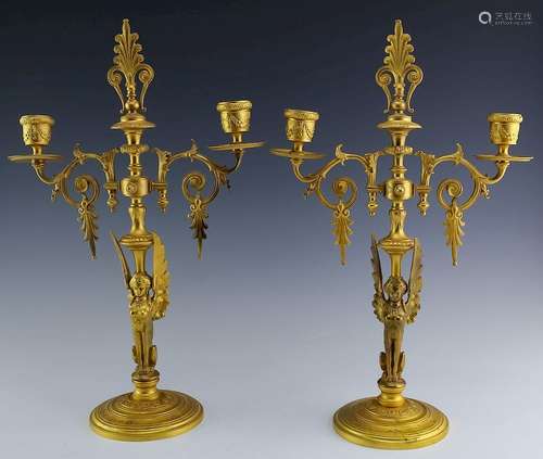 Egyptian Revival Dore Bronze Wing Lady Candelabras