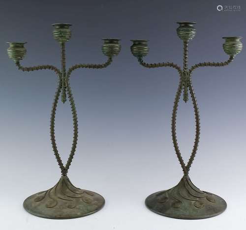 Pair Riviere Studios Patinated Bronze Candelabras