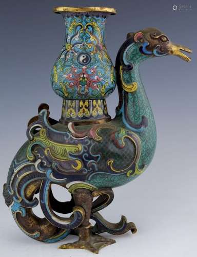 Antique Chinese Bronze Cloisonne Bird Wine Ewer