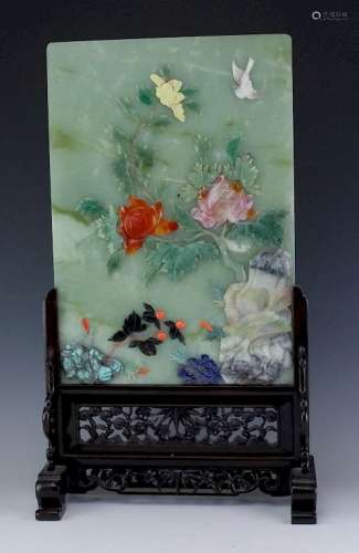 Fine Chinese Multi Stone Inlay Jade Table Screen