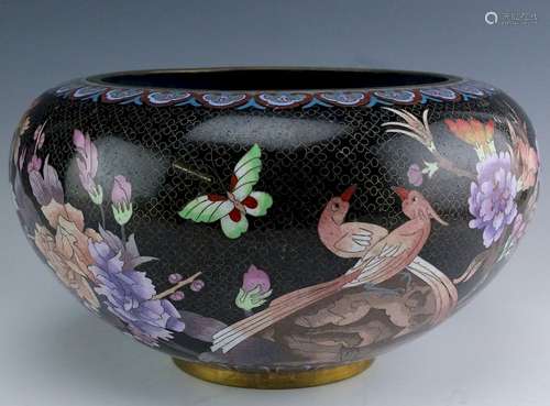 Large Chinese Cloisonne Bronze Floral Bird Bowl