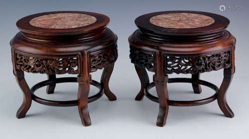 Chinese Pair of Carved Wood Dragon & Marble Stands