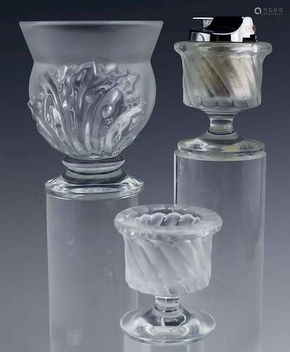 Lot 3 Lalique French Crystal Lighter Holder & Vase