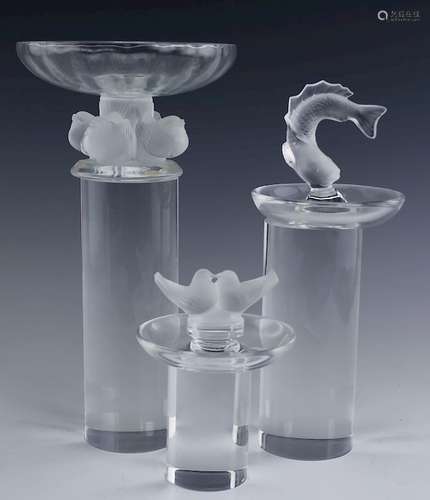 Lot Lalique Nogent Compote & Fish & Bird Pin Trays