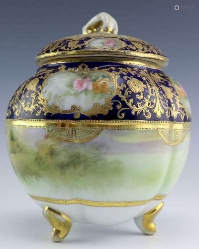 Nippon Japanese Porcelain Lidded Tri-Footed Jar